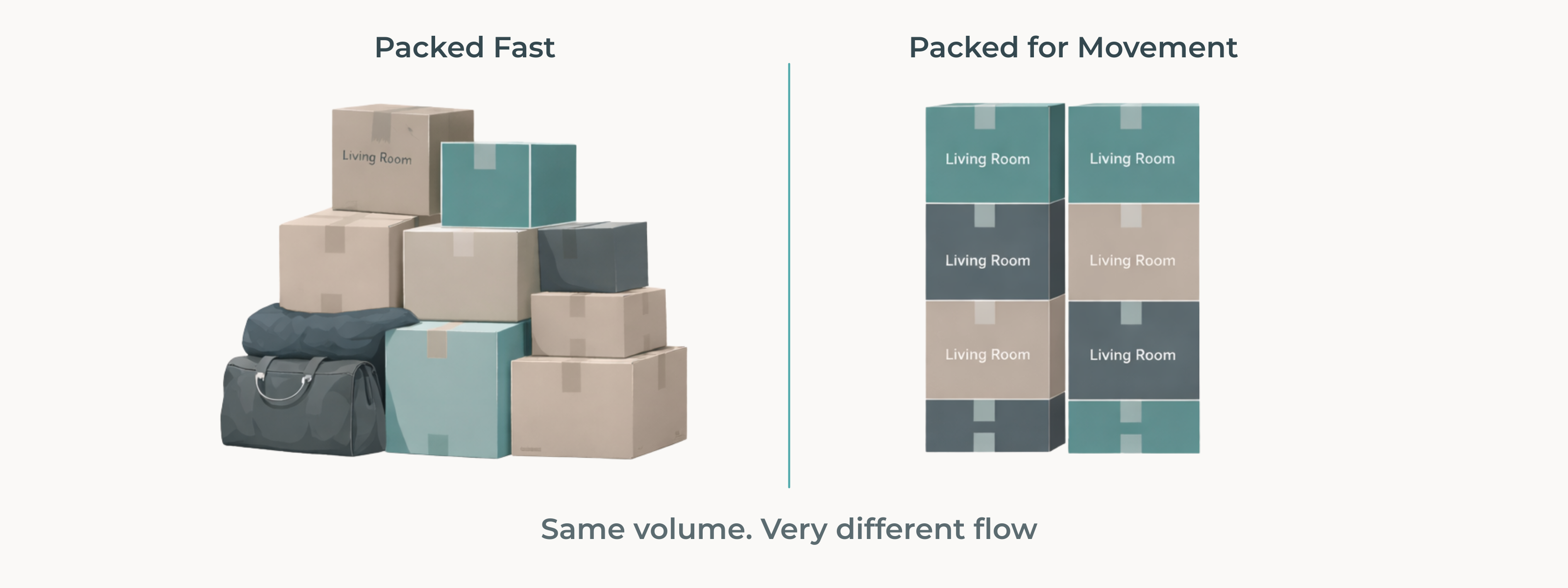 Comparison showing fast-packed boxes versus boxes packed for efficient movement