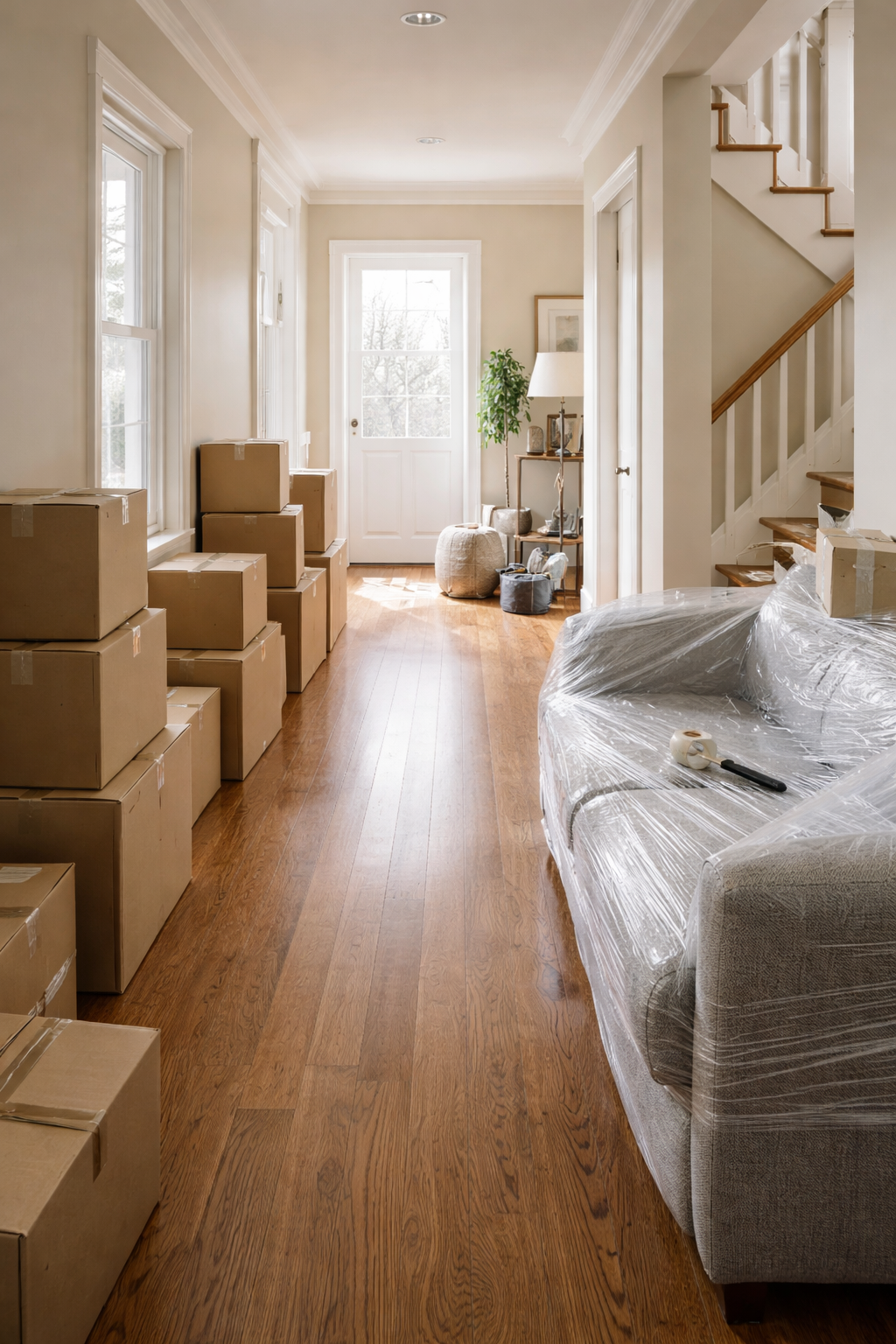 Hallway staged and ready for movers